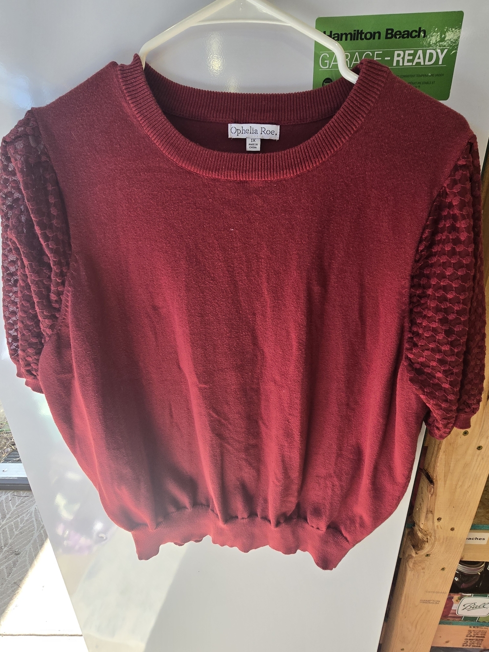 Ophelia Roe Short Sleeve Knit Sweater in Deep Red 1x
